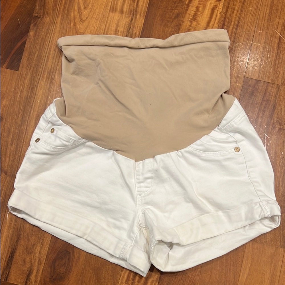 Women's White and Tan Maternity Shorts